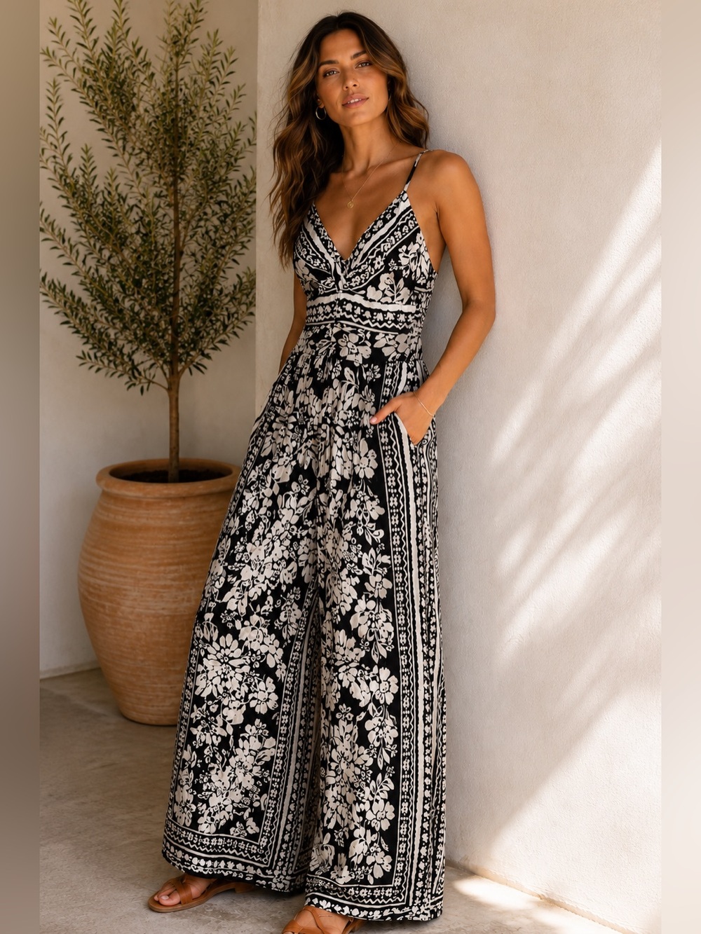 Angie Black and White Floral Wide-Leg Jumpsuit